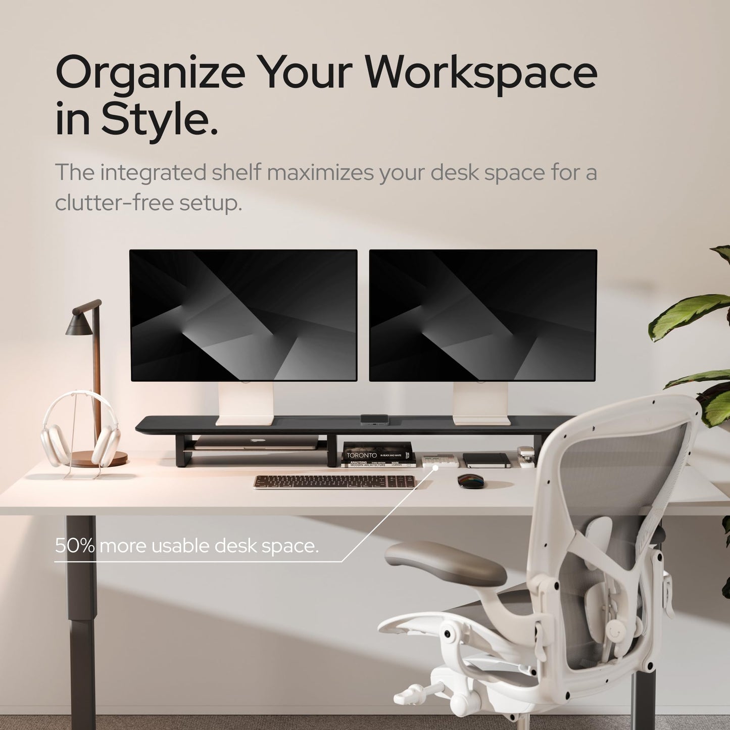 KIVY Dual Monitor Riser With Integrated Metal Shelf [MADE BY HAND] - Wooden Desk Shelf for 2 Monitors - Wide Long Stand for Desk (44 x10x3in - Black)