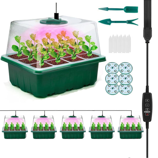 XRR Seed Starter Trays, 72-Cell Seed Tray with LED Grow Lights, Adjustable Humidity Drainage, Germination with Transparent Domes for Succulent Herbs Plant Seedlings, Indoor Seedling Greenhouse, 6 Pack