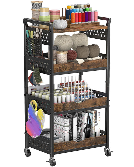 MJIMKE 4-Tier Utility Rolling Cart with Wheels - Kitchen Organizations and Storage Metal Cart, Detachable Fruits Coffee Snacks Art Craft Storage Cart for Bathroom, Pantry & Laundry, Black