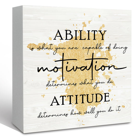KFXHANGD Gold Office Inspirational Quotes Wooden Box Sign Desk Decor, Ability Motivation Attitude Decorative Signs, Motivational Home Shelf Desk Decor 5x5 Inch