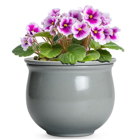 Teagas 6 Inch Ceramic African Violet Pot, Easy Self Watering Pots with Absorbent Inner Pot, Round Self Watering Planter, Ceramic Pots for Plants Indoor, Apartment Decor, Housewarming Gifts, Grey