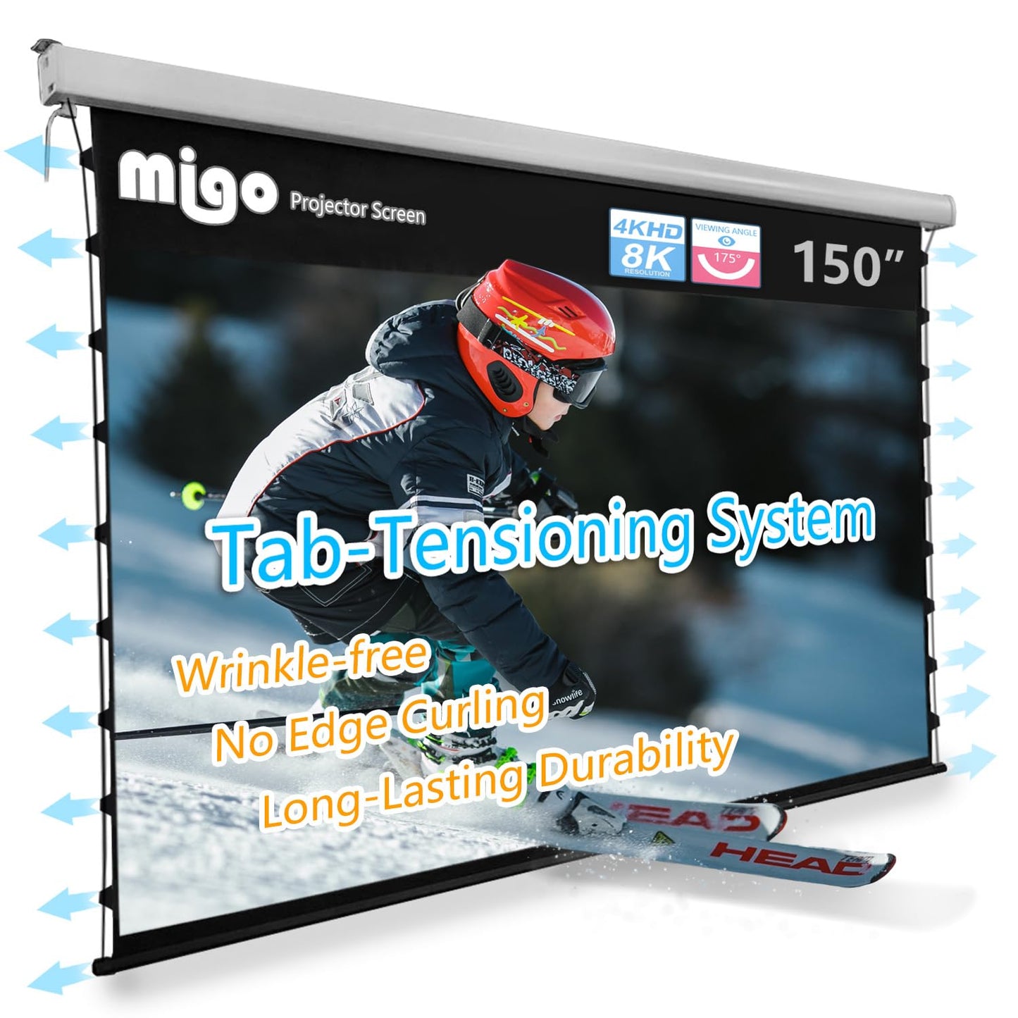 MIGO 150 Inch Pull Down Electric Projector Screen, Grey Crystal 2.0 Gain Partial Ambient Light 4K Tab-Tension Projector Screen Wall & Ceiling Mount for Short Throw Projector Movie Home Theater Cinema