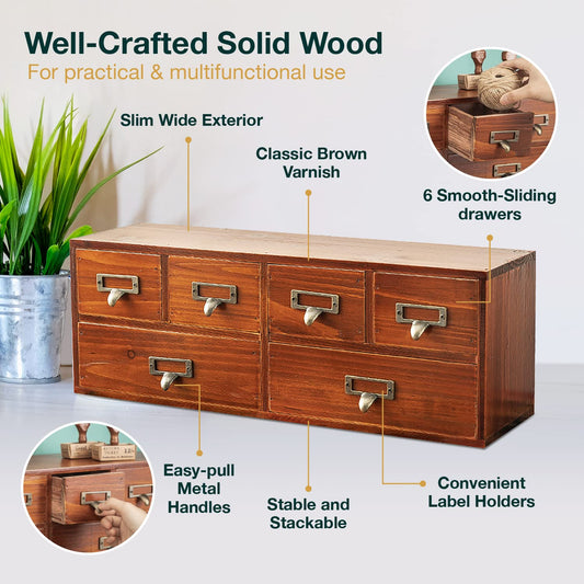 6-Drawer Vintage Desk Organizer Classic Brown Wood Storage Drawers for Tabletop - Slim Retro Style Desktop Organizing Cabinet with 6 Drawers - Office Study Table Wood Storage Box Organizer, 1-pack