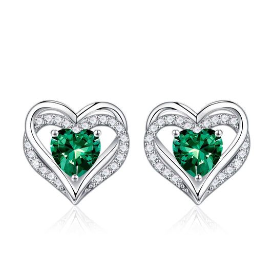 Iefil Earrings for Women, 925 Sterling Silver May Birthstone Green Emerald Heart Stud Earrings for Women
