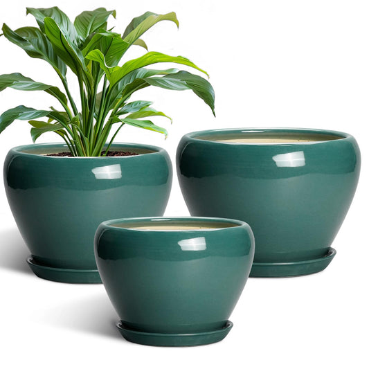 EPFamily Ceramic Pots for Plants, 10+8+6 Inch Ceramic Plant Pot for Indoor Outdoor Plants, Round Indoor Flower Pots with Drainage Holes and Saucers, Garden Decor, Gift for Women, Set of 3, Dark Green