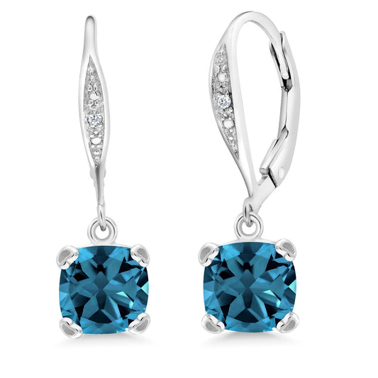 Gem Stone King Drop Dangle Earrings For Women | 7MM Cushion Cut Gemstone Birthstone and Diamond | 925 Sterling Silver | Jewelry Gift for Mom Wife Her | London Blue Topaz-November | Sterling Silver
