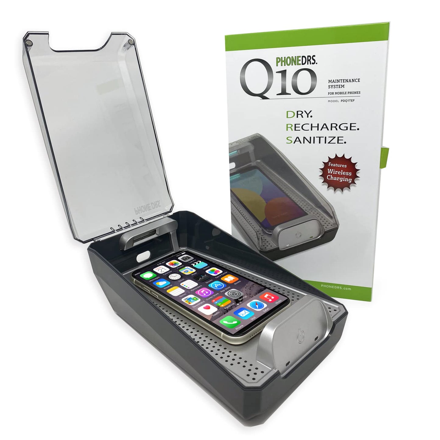 PHONEDRS Q10 UV-C Cell Phone Sanitizer with Dryer and Qi Wireless Charging | Cleans, Dries and Charges All Phones