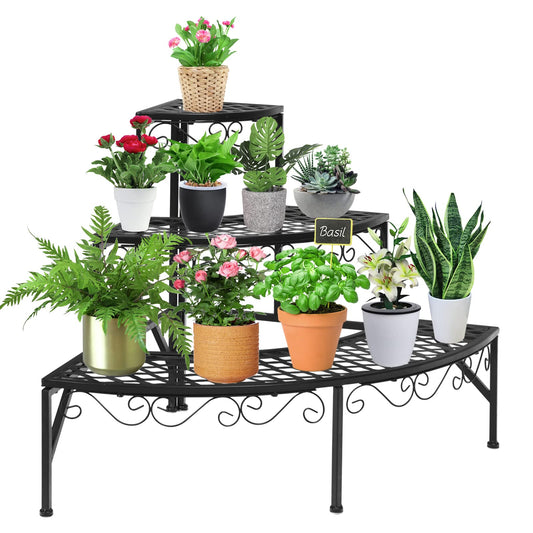 Giantex 3 Tier Metal Corner Plant Stand, Quarter Round Plant Corner Shelf w/ Non-Slip Pads, Corner Plant Stand Corner Shelf Flower Pot Ladder Plant Display Rack Indoor Outdoor (Quarter Round)