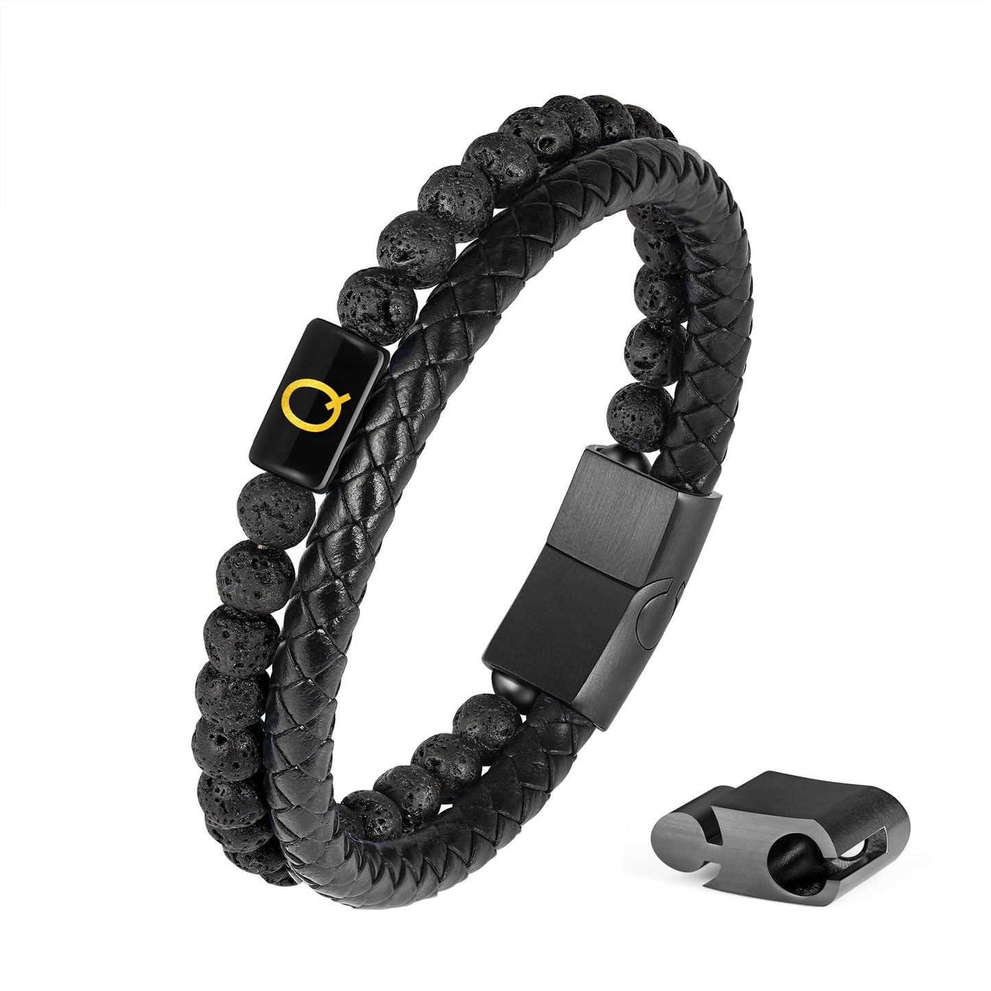 Mens Leather Bracelet with Initial - Men Gift Lava Rock Bead Magnetic Clasp Black Leather Bracelets Mens Gifts Men Bracelets with Initial Q Bracelet for Men's Jewelry Men's Gifts for Dad Husband Him
