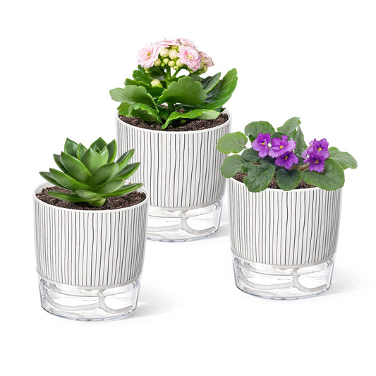 CWYEYE 3 Pack Self Watering Pots Set, 4 Inch Self Watering Pots for Indoor Plants, Planter Pot with Wick Rope and Reservoir for African Violet, Spider Plant, Orchid