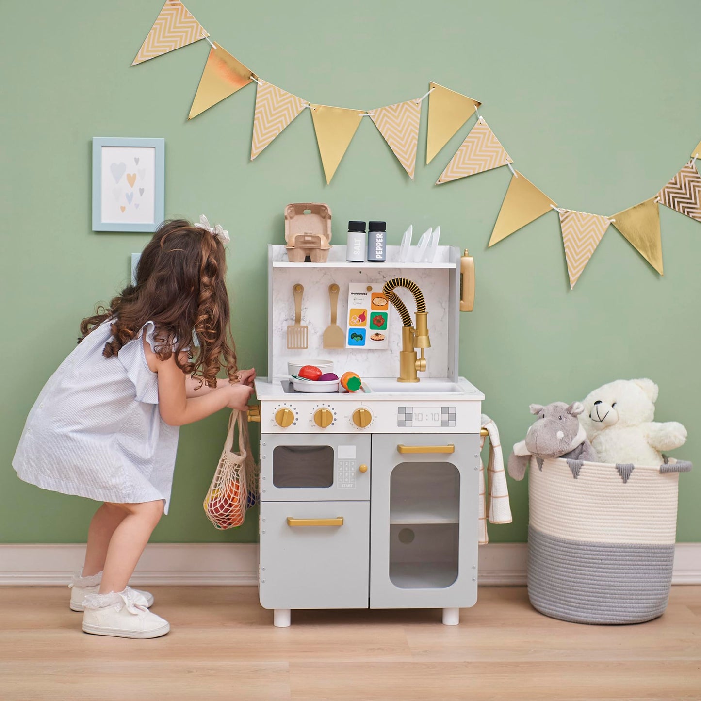 Teamson Kids Little Chef Memphis Wooden Play Kitchen for Toddlers with 16 Accessories, Realistic Pretend Cooking Set with Microwave Oven Sink Faucet Storage for Kids Ages 3+ Gray Gold Marble