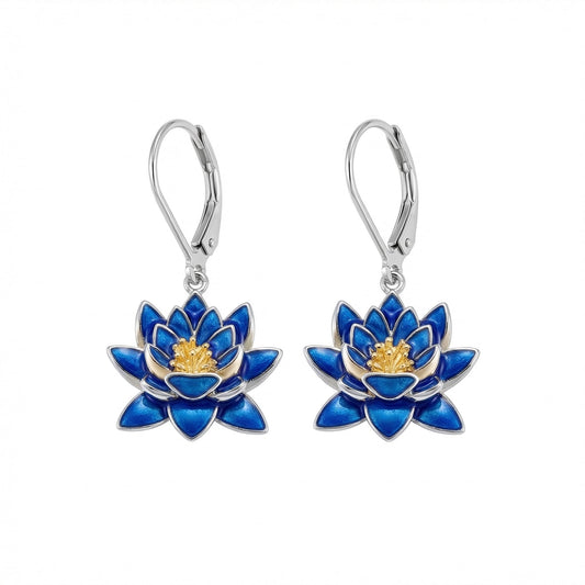 HKPATOP Lotus Earrings for Women 925 Sterling Silver Blue Lotus Flower Dangle Earrings Leverback Blue Flower Jewelry Gifts
