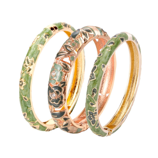 UJOY Women Cloisonne Bracelet Multi-Colors Plated Rhinestone Flower Hollowed Enameled Hinged Cuff Bangles Jewelry Gift 88A10 3pcs Green