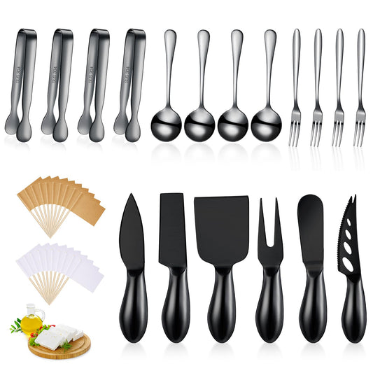 Patelai Charcuterie Board Accessories Cheese Spreader Knife Set Charcuterie Utensils Butter Knife Stainless Steel Mini Serving Tongs Spoons Appetizer Forks for Pastry(Black,18 Pieces)