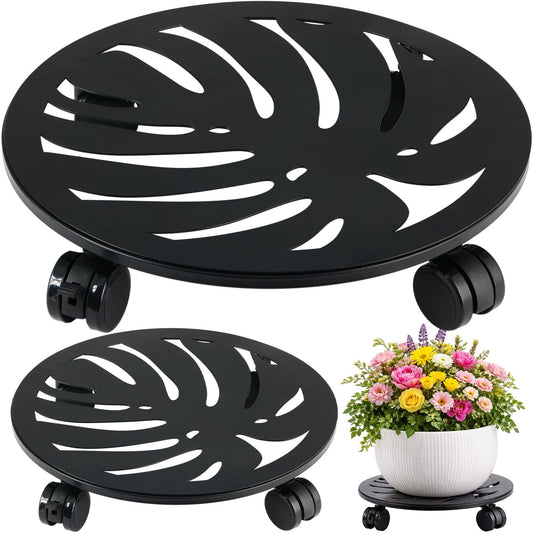 lucpur 2-Pack 12" Round Metal Plant Caddy with Wheels Heavy-Duty Large Rolling Plant Stand Indoor Outdoor Wheeled Planter Dolly Cart Coaster Flower Pot Mover Roller Base, Garden Trolley