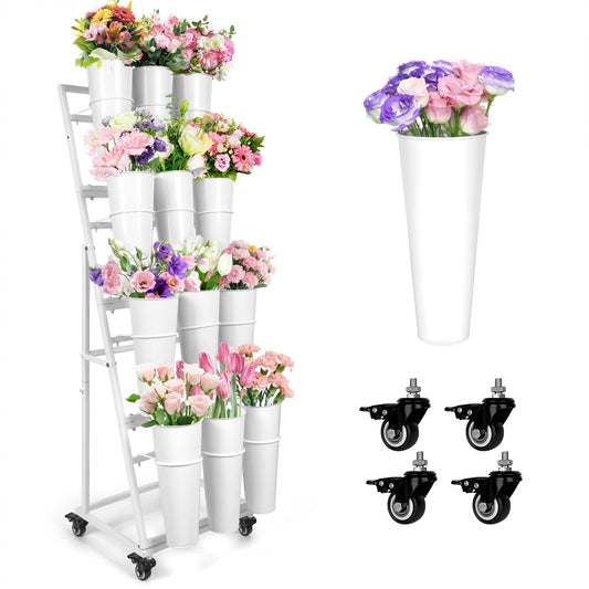 ZpigToor Flower Display Stand With 12 Buckets,4-Tier Flower Bar with Wheels,Flower Cart Display Stand for Florist Garden Wedding Home Decor (White)