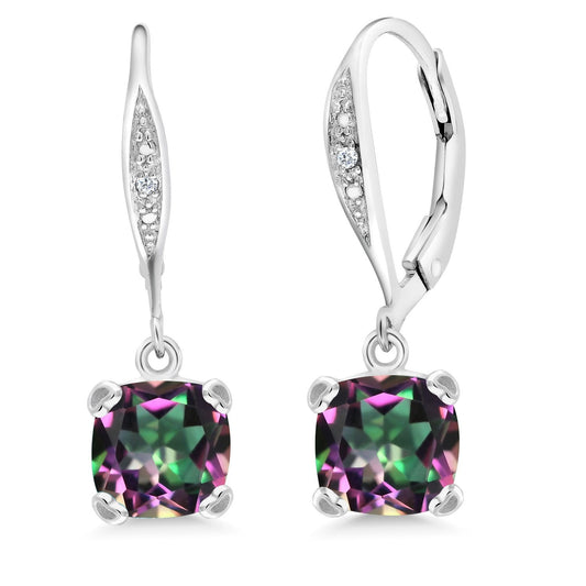 Gem Stone King Drop Dangle Earrings For Women | 7MM Cushion Cut Gemstone Birthstone and Diamond | 925 Sterling Silver | Jewelry Gift for Mom Wife Her | Green Mystic Topaz | Sterling Silver