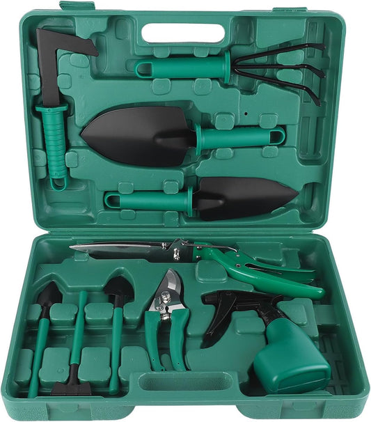 Garden Tools Set 10 Piece - Garden Hand Tool with Ergonomic & Durable Garden Tools Organizer Box, Gardening Kit Gifts for Women, Men, Family