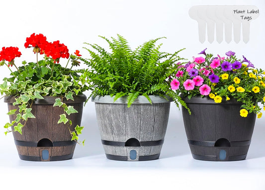 Sun-E 10 inch Plant Pots Self Watering Whiskey Barrel Planters with Drainage Hole&Saucer, Garden Home Indoor Outdoor Plants Pots, Planters for Indoor Plants, Gift Idea for Plant Lovers,Mixed Colors