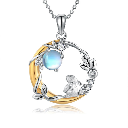 YAFEINI Bunny Moon Necklace Sterling Silver Rabbit Pendant Animal Mother's Day Jewelry for Women Mom