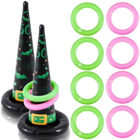 Leitee 10 Pcs Inflatable Witch Hat Ring Toss Game Set Carnival Pink and Green Inflatable Ring Toss for Witch Themed Birthday Party Decoration Indoors Outdoors(Macabre)