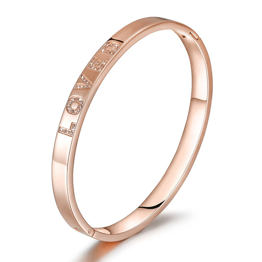 WISTIC Gold Plated Bangle Bracelet for Women, Silver Engraved Letter Cuff Bracelet with CZ, Fits 6.0–7.0 Inch Wrist, 2.4in Inner Dia., Rose Gold Stainless Steel Hinged Bangle Jewelry, LOVED, Rose Gold