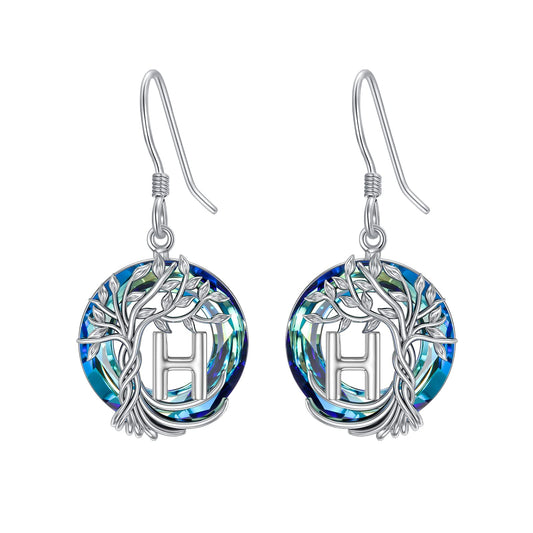 TOUPOP Tree of Life Initial Earrings Sterling Silver Initial H Letter Drop Dangle Earrings Blue Circle Crystal Family Tree Jewelry Birthday Mothers Day Gifts for Women Mom Her