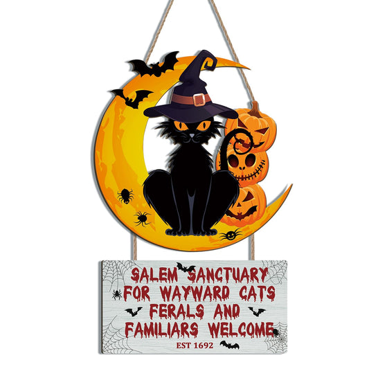 KAIRNE Vintage Halloween Decorations - Black Cat & Bat Wooden Plaques, Spiderweb Witch Hat Wood Hanger & Pumpkins for Home, Outdoor Walls & Doors