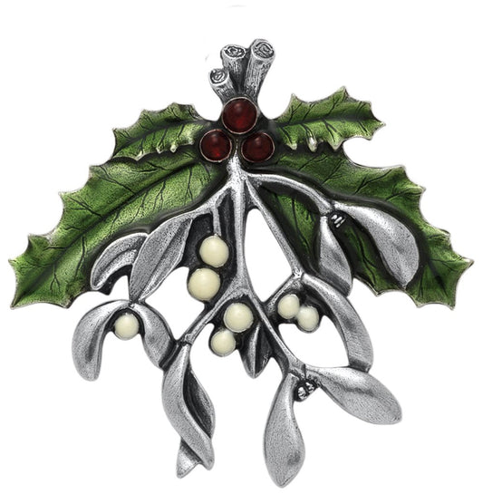 Danforth Mistletoe And Holly Brooch Pin For Women – Handcrafted Pewter Christmas Jewelry For Women – 2 3/8” Wide, Made In USA