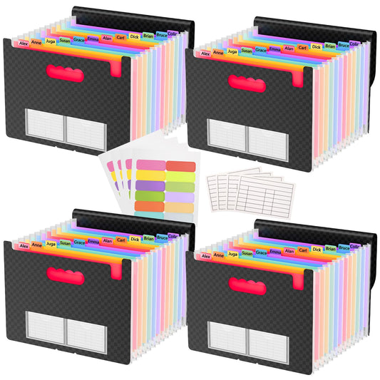4 Pack Waterproof Accordion File Organizer, 13 Pockets Expanding File Folder with Colored Blank Tabs, Suitable for Students and Office Workers to Manage and Store Documents（Black）