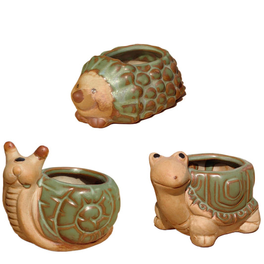 FMTITF Artistic Ceramic Animal Planter Pots & Figurines Set with Drainage Holes - Mini Succulent Planters, Lifelike Decorative Statues for Fairy Gardens & Home Decor Gifts (Hedgehog, Turtle, Snail)