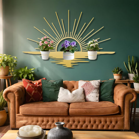 Glethua Sunrise Metal Wall Mount Plant Holder, Sun Wall Plant Holder, Sunshine Metal Hanging Planter for Living Room, Kitchen, Bathroom (Gold, 59"x 35"| 150x89cm, 4 Pack 4" Flower Pot Holder Ring)