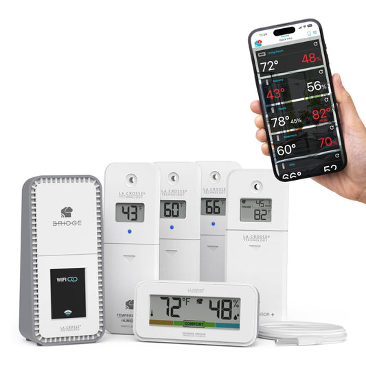 Temp Tracker Pro Wi-Fi Alert System: Bridge Gateway, 3 in/Out Temp. and Humidity, a Temperature Probe with Ambient Temp. and Humidity, Interior Temp. and Humidity Display with Comfort Meter