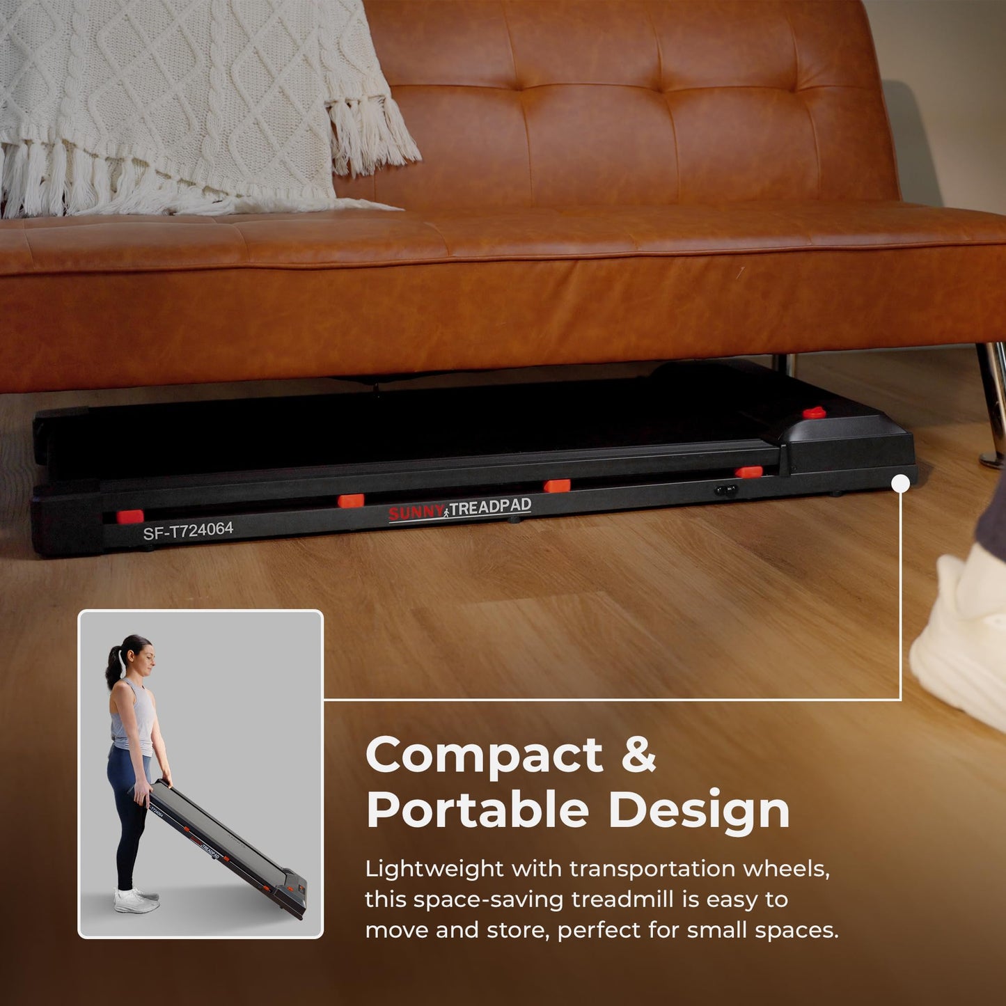 Sunny Health & Fitness Treadpad 100 Smart Walking Treadmill – Compact, Portable, Under Desk, No Assembly, WiFi & Bluetooth SunnyFit App, Remote Control, LED Display, Shock Absorption - SF-T724064