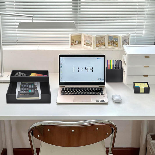 RHCSZ 4 Pack Leather Office Supplies/Desk Organizer for Letter Paper Tray,Sticky Note Holder,Pen Cup,Stackable Small Letter Mail Sorter Tray,Workspace Decor for Women Men (Black, 4-piece set)