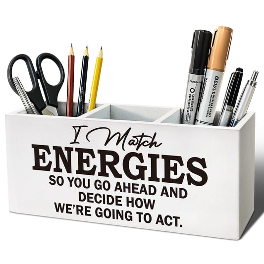 ELMCH Inspirational Office Pen Pencil Holder, Inspirational Gifts for Women Men Wood Desk Organizer and Accessories, I Match Energies Motivational Pen Holder Desk Organizer for Office Tabletop