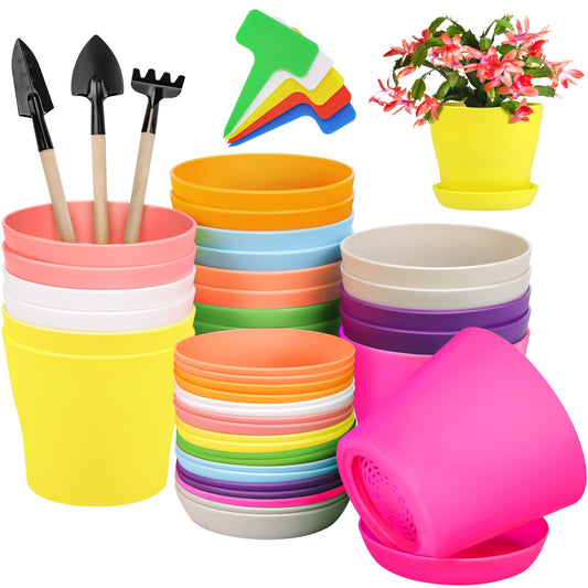 Hahood 20 Pack Plastic Planters 4 Inch Plant Flower Pot with Trays, Seedlings Nursery Pots Planter Flower Container Seed Pots for Seedling, Transplanting, Cutting, Assorted 10 Colors