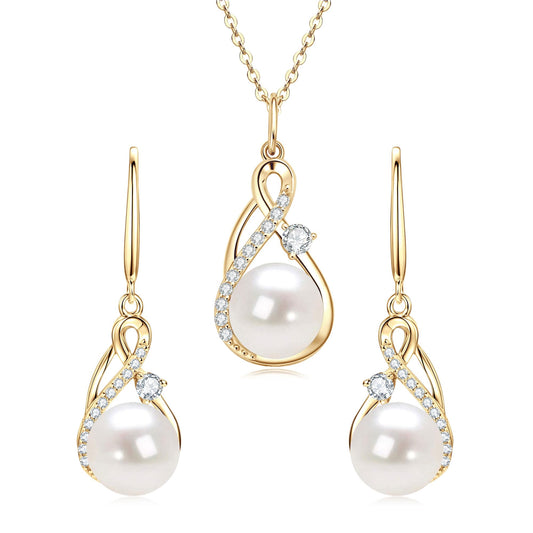 DENGGUANG Sterling Silver Pearl Jewelry Set with Moissanite, Real Freshwater Pearl Earrings Necklace for Women, Gold Plated Wedding Jewelry for Brides Bridesmaid, Mother's Day