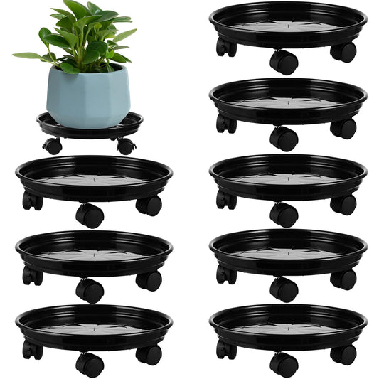8 Packs Plastic Plant Caddy with Wheels 12” Heavy-Duty Rolling Plant Stand with Wheels Plant Dolly with Casters for Indoor and Outdoor Plant Roller Base Plant Saucer Mover, Black