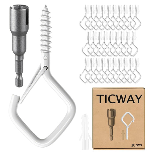 Ticway 30 Pcs Outdoor Hooks for String Lights,Screw Hooks for Hanging Plants,Ceiling Hooks with Safety Buckle,Square Hanger for Wind Chimes,Bird Feeder,Lanterns,Christmas Decorations (White)