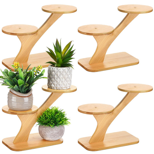 Ferrochef 4 Pcs Bamboo Plant Stand for Indoor 3 Tiers Succulent Windowsill Shelf Small Tabletop Plant Flower Holders for Home Garden Patio Lover Gift Office Living Room Bedroom Decoration