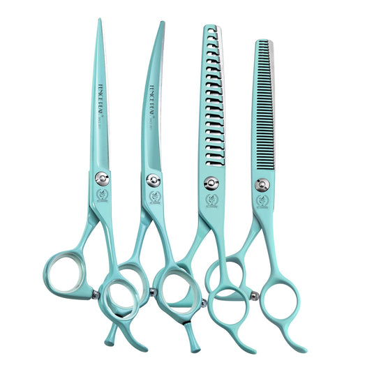 Fenice Peak 7" Professional Dog Grooming Scissors Set, Japanese 440C Stainless Steel Straight Thinning Curved Chunker Shears for Pet Grooming, Trimming Face, Paws, Green