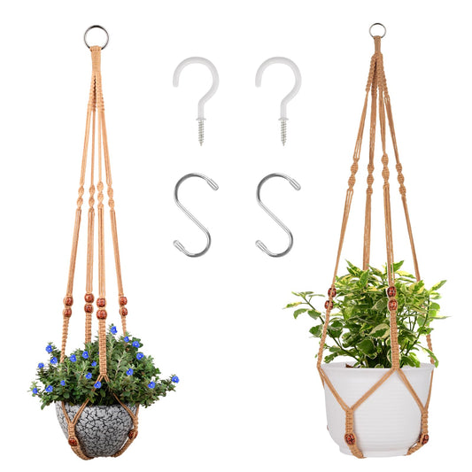 Macrame Plant Hanger for 5 to 10 Inch Plant Pots, Set of 2 Indoor Handmade 35 Inch Woven Rope Hanger Kits with Hooks and Wood Beads, Hanging Planter Basket Holder for Boho Home Decor (Brown, 2 Pack)