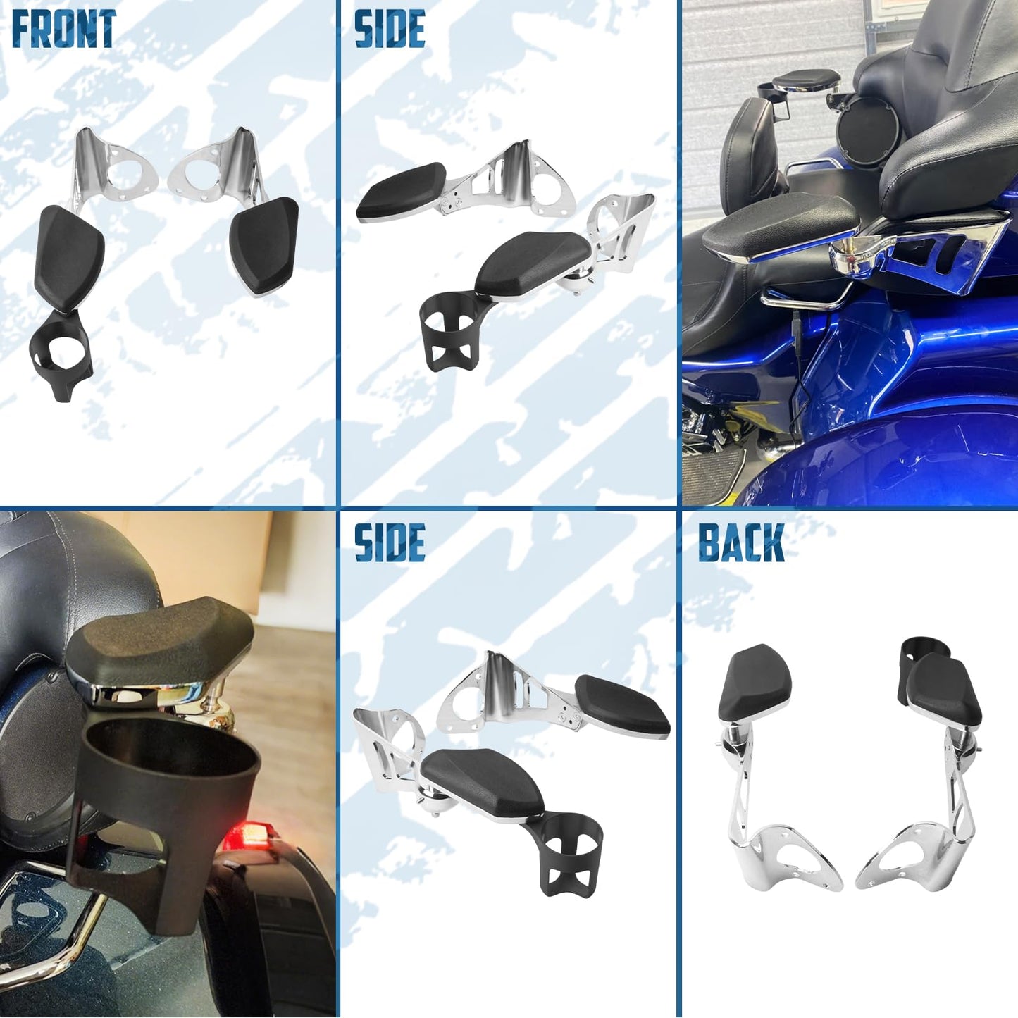 Adjustable Passenger Armrests with Cup Holder for Motorcycle Accessory Compatible with Harley Touring Electra Glide Road Glide Ultra Tri Glide 2014-2024 (Chrome)