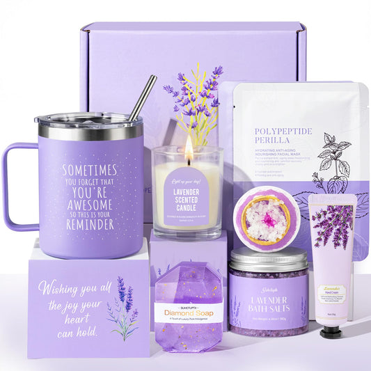 Mothers Day Gifts for Mom, 9pcs Happy Birthday Gifts for Women, Unique Birthday Relaxation Spa Gift Christmas Ideas Relaxing Lavender Set Self Care Gift Basket for Her Mom Sister Friend Teacher