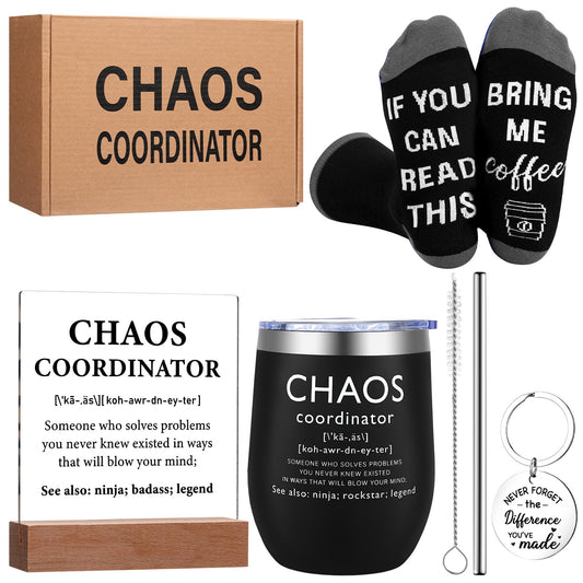 Chaos Coordinator Gift Set for Men Administrative Professional Day Gifts Manager Employee Appreciation Gift Include Tumbler Sock Chaos Coordinator Desk Sign Keychain for Coworker Staff(Dark Color)