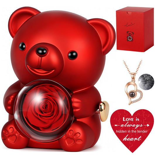 Hangerspace Cute Teddy Bear with Preserved Rose, Hidden Surprise Necklace Rotating Gift Box for Her, Romantic Eternal Rose Flowers for Valentine’s Day, Mother’s Day, Christmas, Birthday, Anniversary