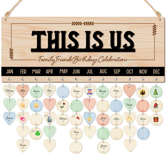 CHDITB Wooden 3D This is Us Birthday Calendar Wall Hanging(16"x6"), Rustic Family Friends Birthday Celebrations Reminder Tracker with Tags, Custom DIY Mother Gifts for Grandma