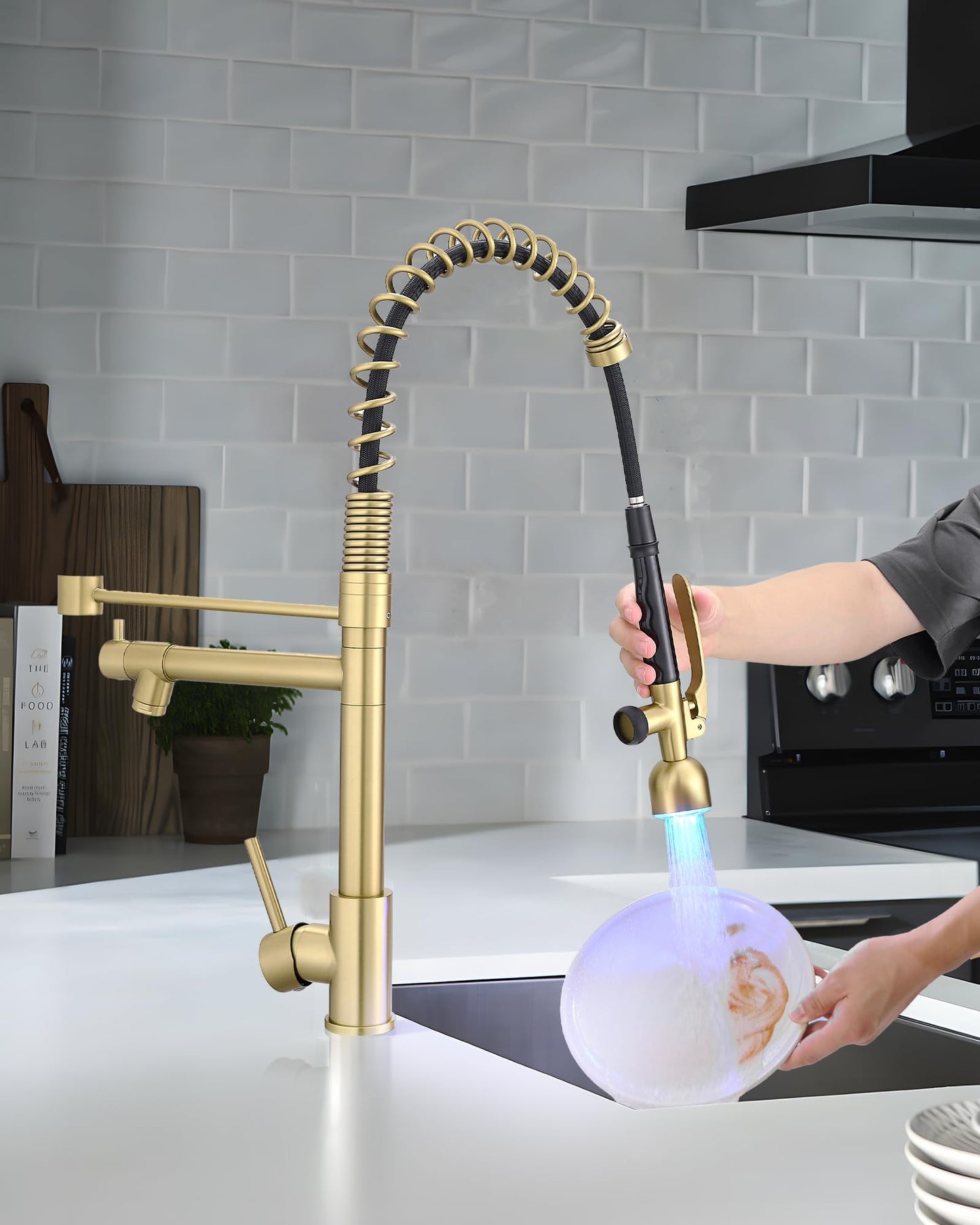 Fapully Single Handle High Arc Brushed Gold Pull Down Kitchen Faucet LED,Single Level Kitchen Sink Faucets with Pull Down Sprayer