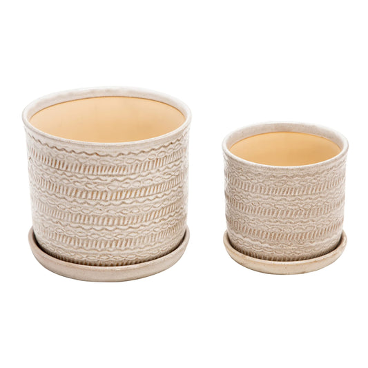Sagebrook Home Set of 2 Stoneware Ceramic Planters with Saucers –Decorative Indoor & Outdoor Plant Pots – Modern Home & Garden Décor – Ivory & Tan Textured Tribal Design 6" & 8"